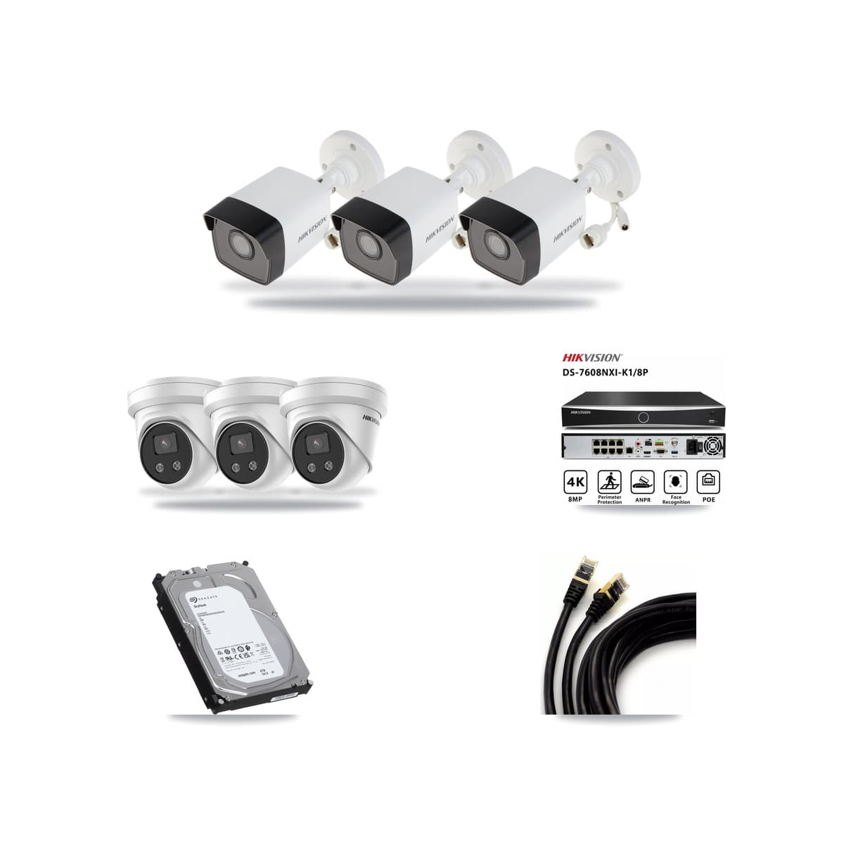 Hikvision 8-Channel 5MP CCTV Kit — 3 Bullet + 3 Turret Cameras + 6TB Recording (DS-7608NXI Recorder) - Image 1
