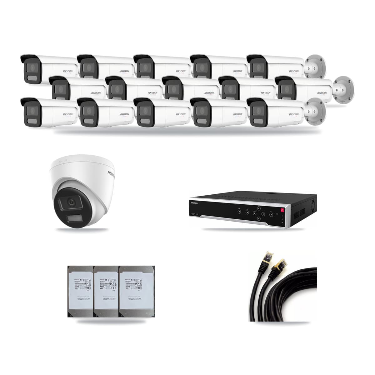Hikvision 32-Channel 4K CCTV Kit — 1 DS-2CD1383G2-LIUF/SL Turret + 15 White DS-2CD2T87G2H-LISU/SL-2.8MM-W Bullet Cameras + 3× 14TB Recording (DS-7732NI-M4/24P Recorder) - Image 1