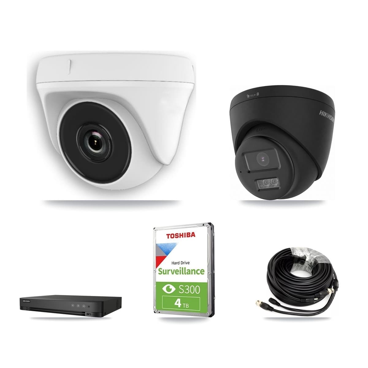Hikvision 4-Channel 2MP – 4K CCTV Kit — 1 Black 4K Turret + 2 White 2MP Dome Cameras + 4TB Recording
