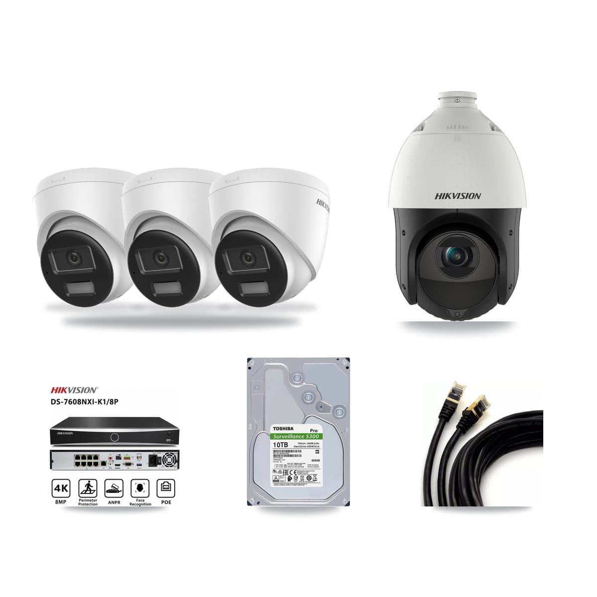 Hikvision 8-Channel 4MP – 4K CCTV Kit — 3 4K Turret + 1 4MP PTZ Cameras + 10TB Recording - Image 1