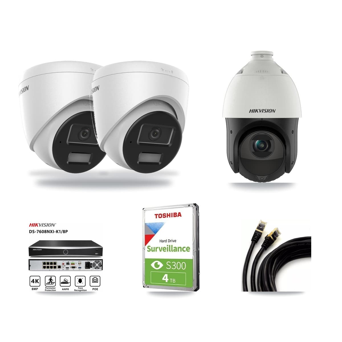 Hikvision 8-Channel 4MP CCTV Kit — 2 Turret + 1 PTZ Cameras + 4TB Recording (DS-7608NXI Recorder) - Image 1