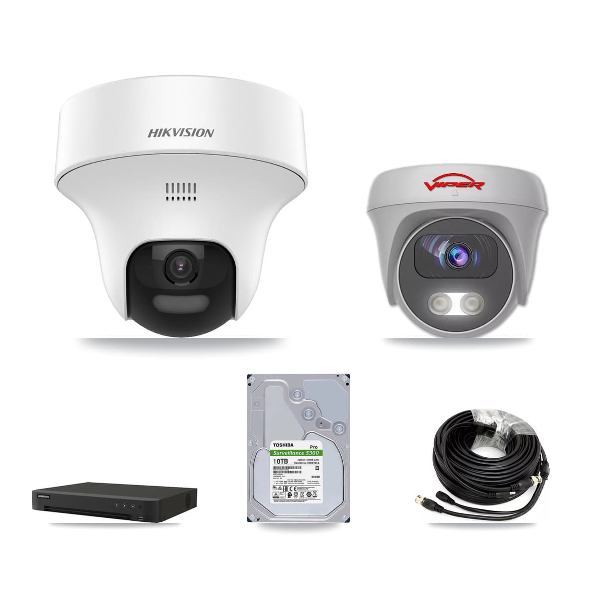 Hikvision & Viper 8-Channel 5MP CCTV Kit — 6 DS-2CE70K0T-PTLTS Turret + 1 White VIPER-5MP-3K-AOC-WHITE-2.8MM Cameras + 10TB Recording (IDS-7208HUHI-M1/XT Recorder)
