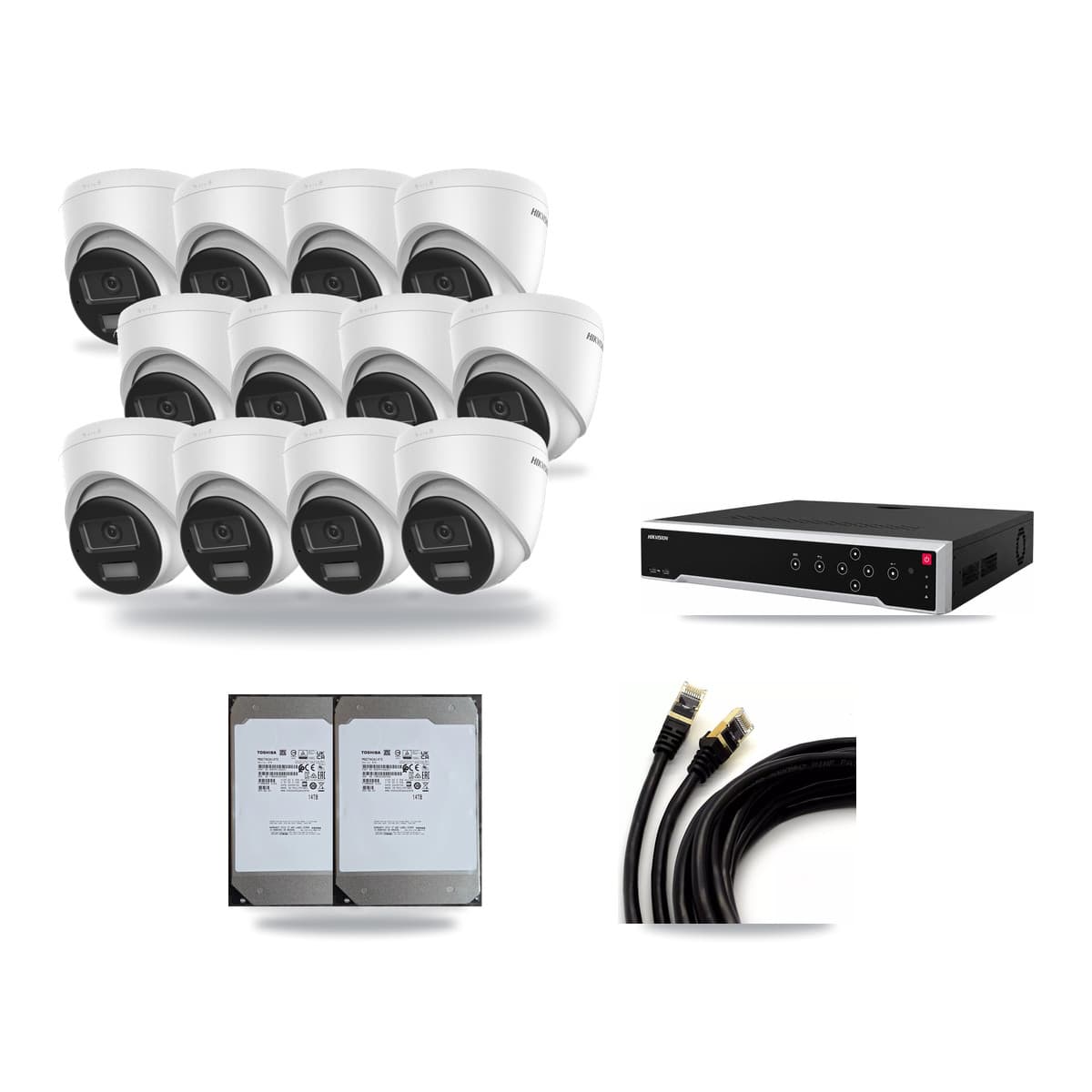 Hikvision 32-Channel 4K CCTV Kit — 12 DS-2CD1383G2-LIU Turret Cameras + 2× 14TB Recording (DS-7732NI-M4/24P Recorder) - Image 1