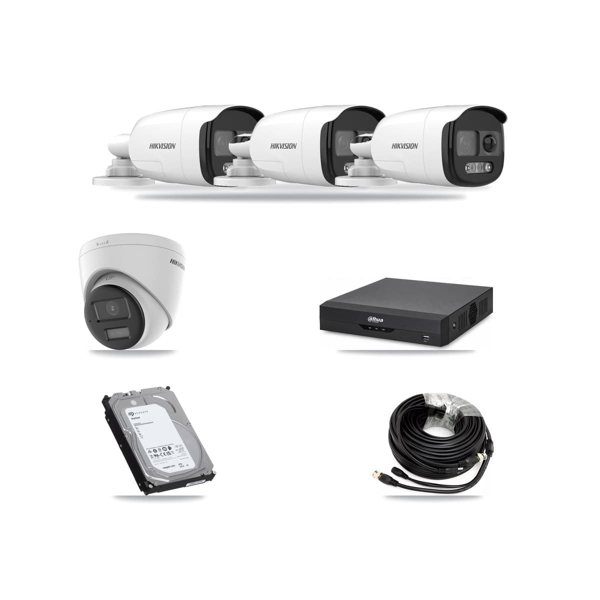 Hikvision & Dahua 4-Channel 5MP – 4K CCTV Kit — 3 DS-2CE12KF3T 5MP Bullet + 1 DS-2CE78U0T 4K Turret Cameras + 6TB Recording - Image 1