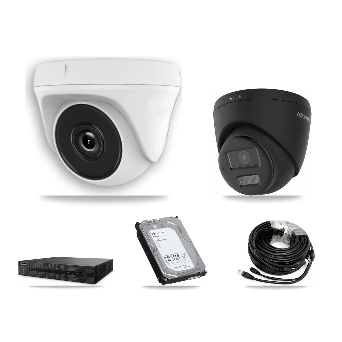 Hikvision 8-Channel 2MP – 4K CCTV Kit — 1 Black 4K Turret + 3 White 2MP Dome Cameras + 6TB Recording (DVR-8CH Recorder)