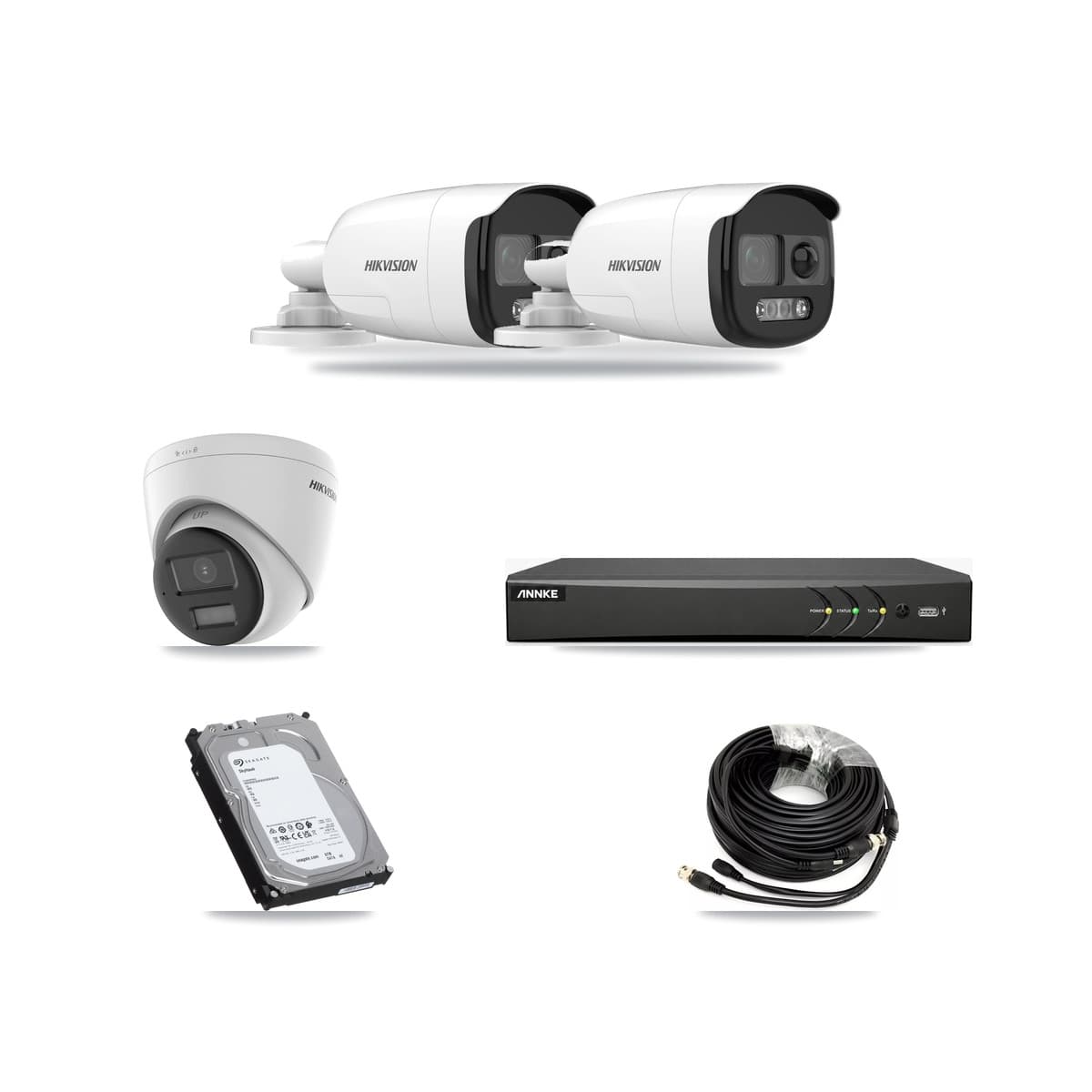 Hikvision & ANNKE 4-Channel 5MP – 4K CCTV Kit — 2 DS-2CE12KF3T 5MP Bullet + 1 DS-2CE78U0T 4K Turret Cameras + 6TB Recording - Image 1