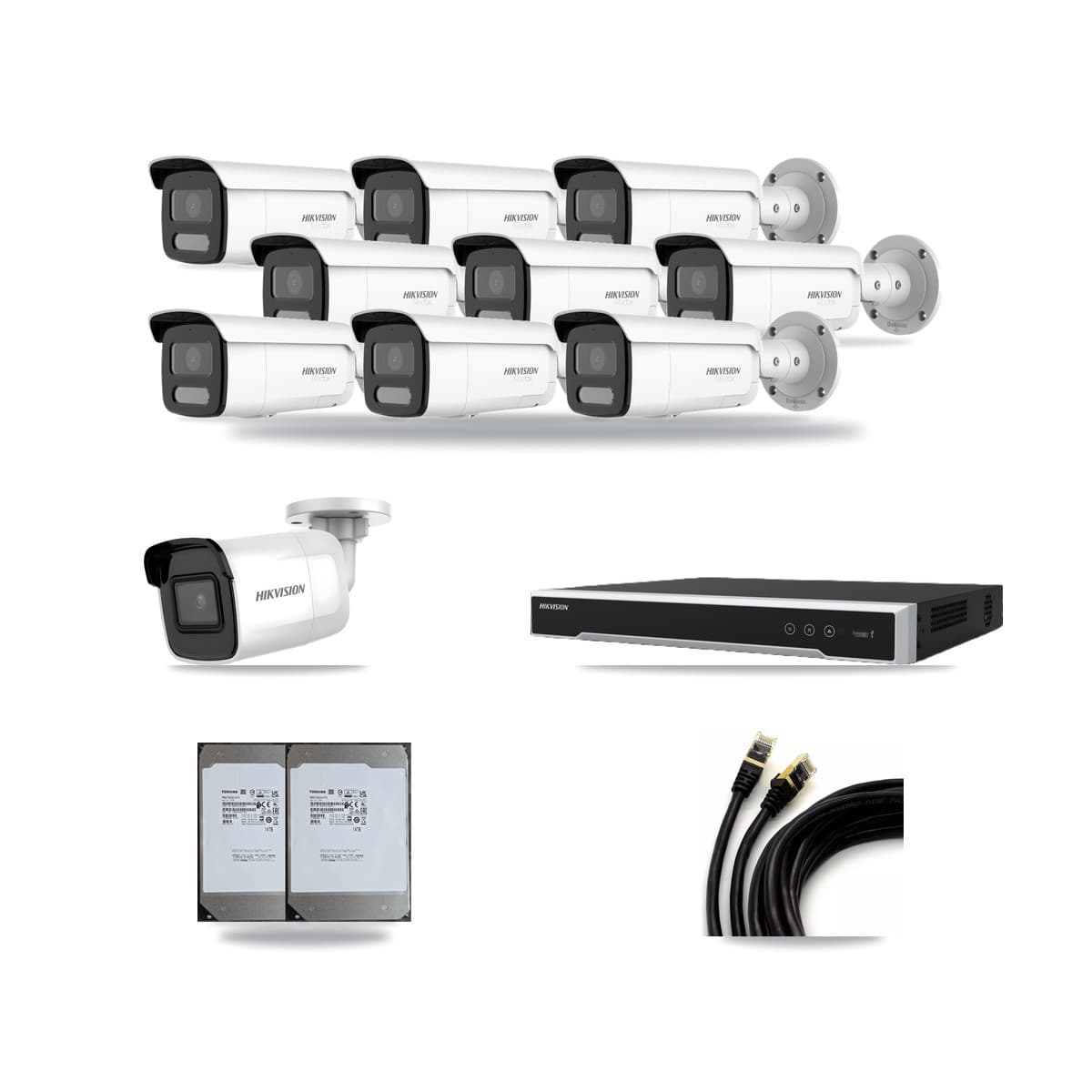 Hikvision 16-Channel 4K CCTV Kit — 1 DS-2CD2085G1 + 9 White DS-2CD2T87G2H Bullet Cameras + 2× 14TB Recording (DS-7616NI-M2 Recorder) - Image 1