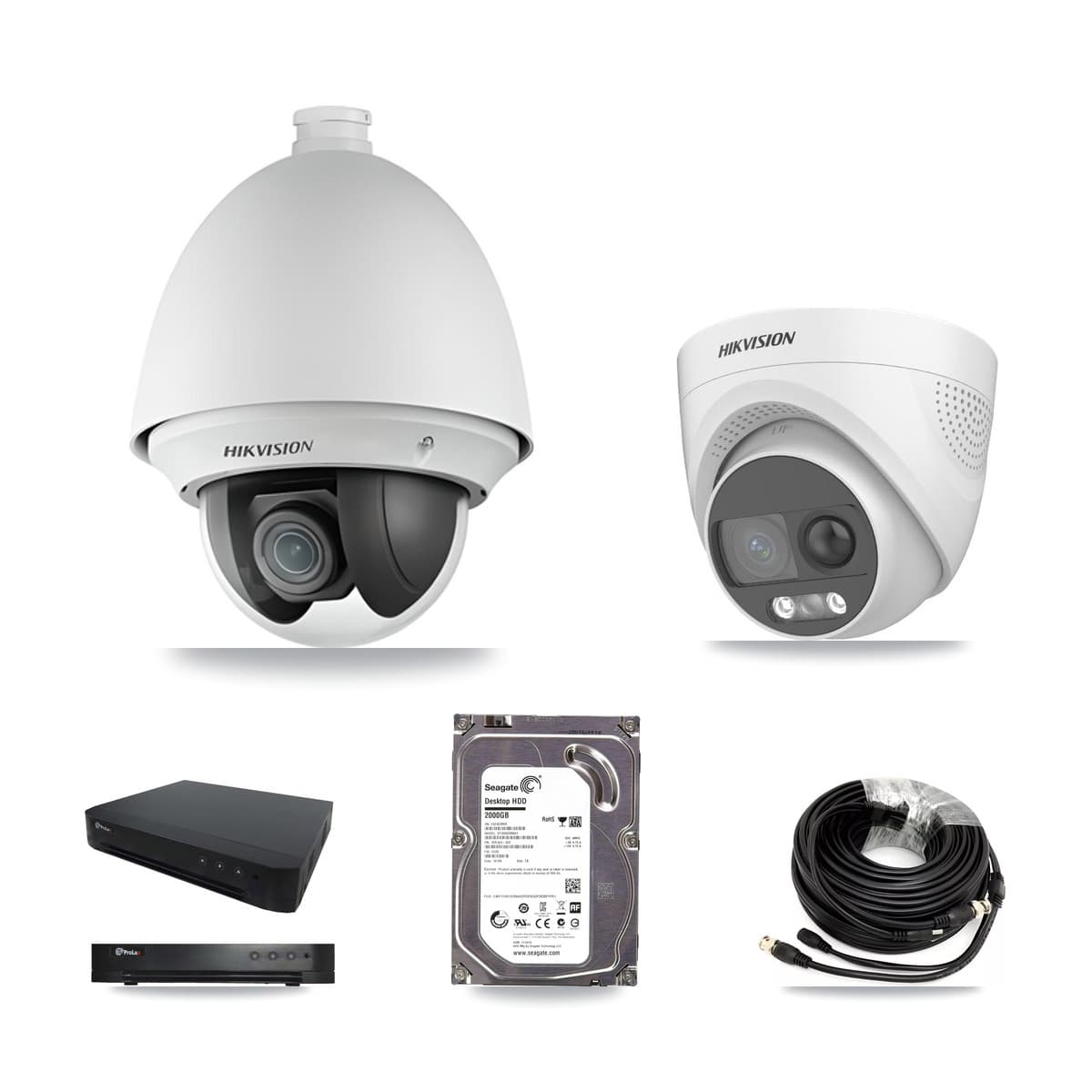 Hikvision & Prolux 16-Channel 2MP – 5MP CCTV Kit — 1 DS-2AE4225T 2MP PTZ + 1 DS-2CE72KF3T 5MP Turret Cameras + 2TB Recording