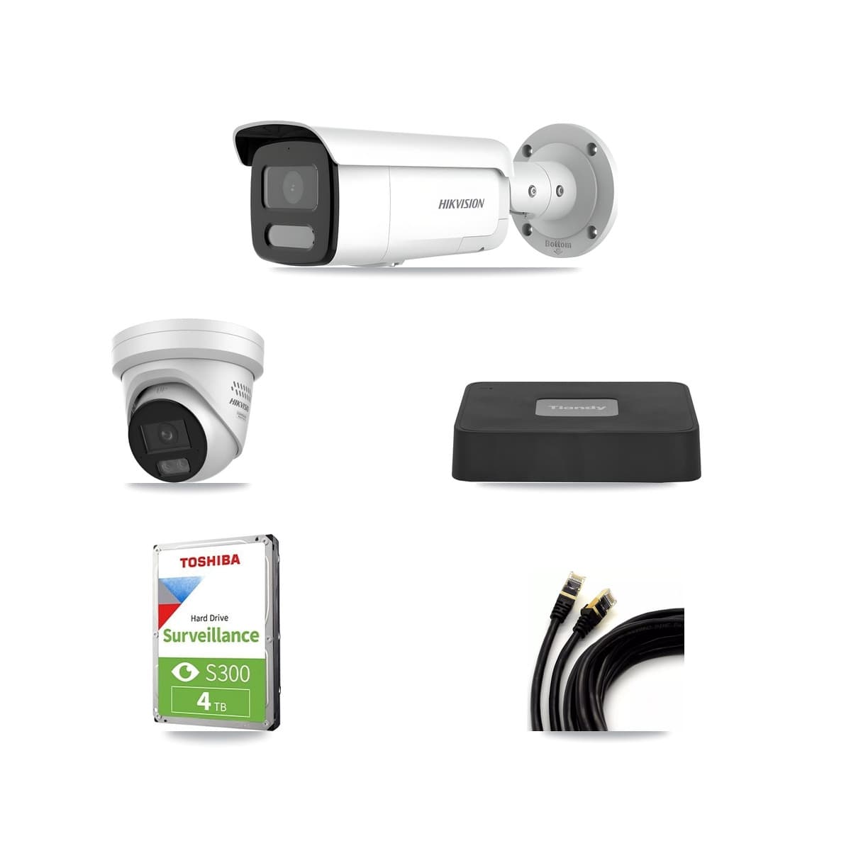 Hikvision & Tiandy 4-Channel 4MP CCTV Kit — 1 DS-2CD2347G3 Turret + 2 DS-2CD2T47G2H Bullet Cameras + 4TB Recording