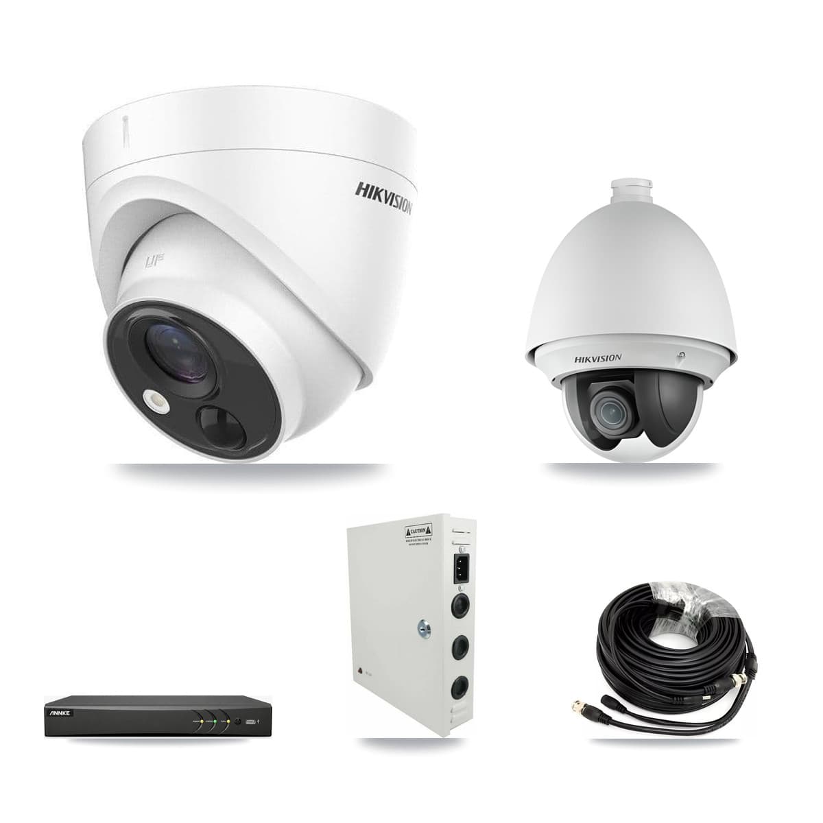 Hikvision & ANNKE 4-Channel 2MP – 5MP CCTV Kit — 1 DS-2AE4225T 2MP PTZ + 2 DS-2CE71H0T 5MP Turret Cameras + 3TB Recording