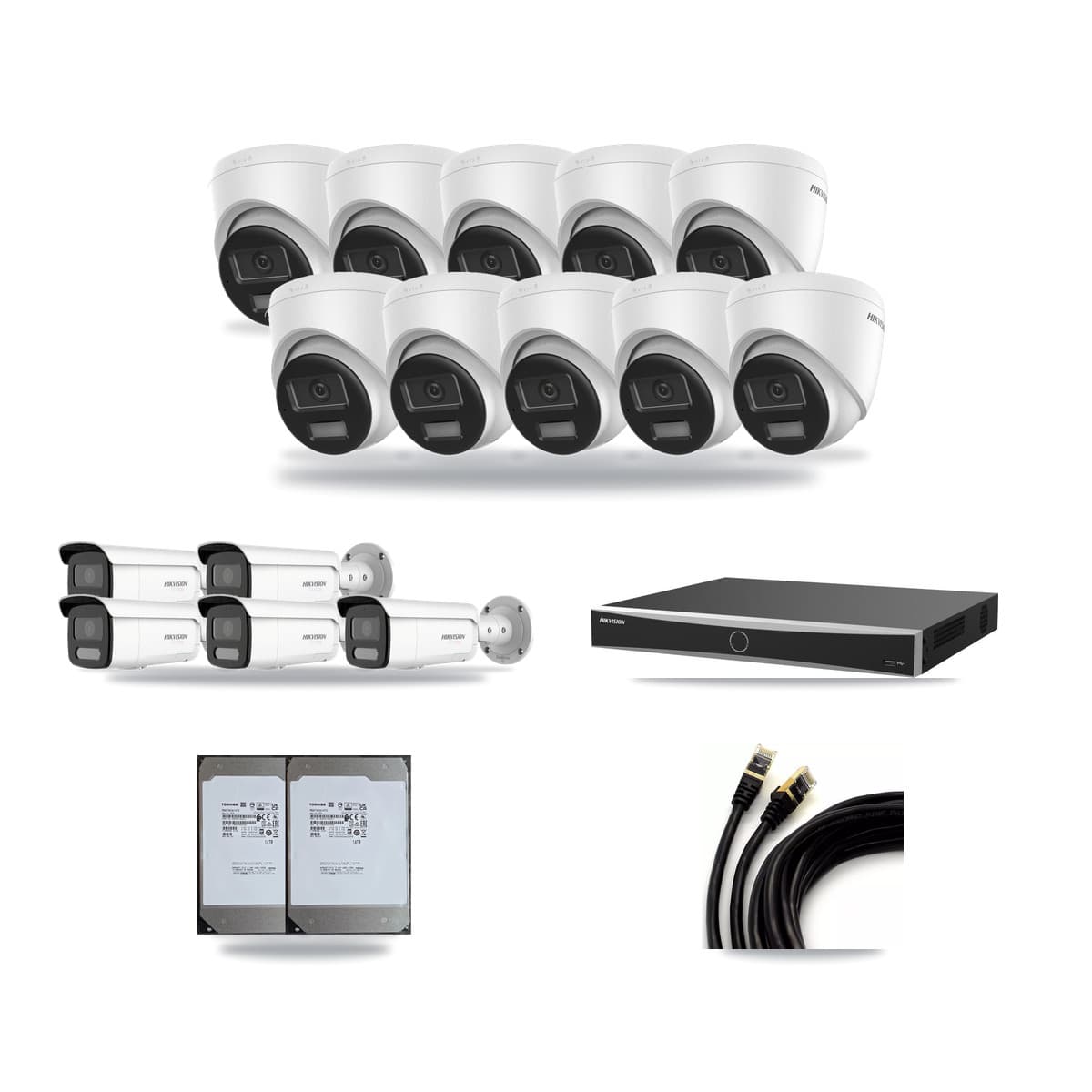 Hikvision 16-Channel 4K CCTV Kit — 10 DS-2CD1383G2-LIUF/SL Turret + 5 White DS-2CD2T87G2H-LISU/SL-2.8MM-W Bullet Cameras + 2× 14TB Recording (DS-7616NXI-K2/16P(E) Recorder) - Image 1