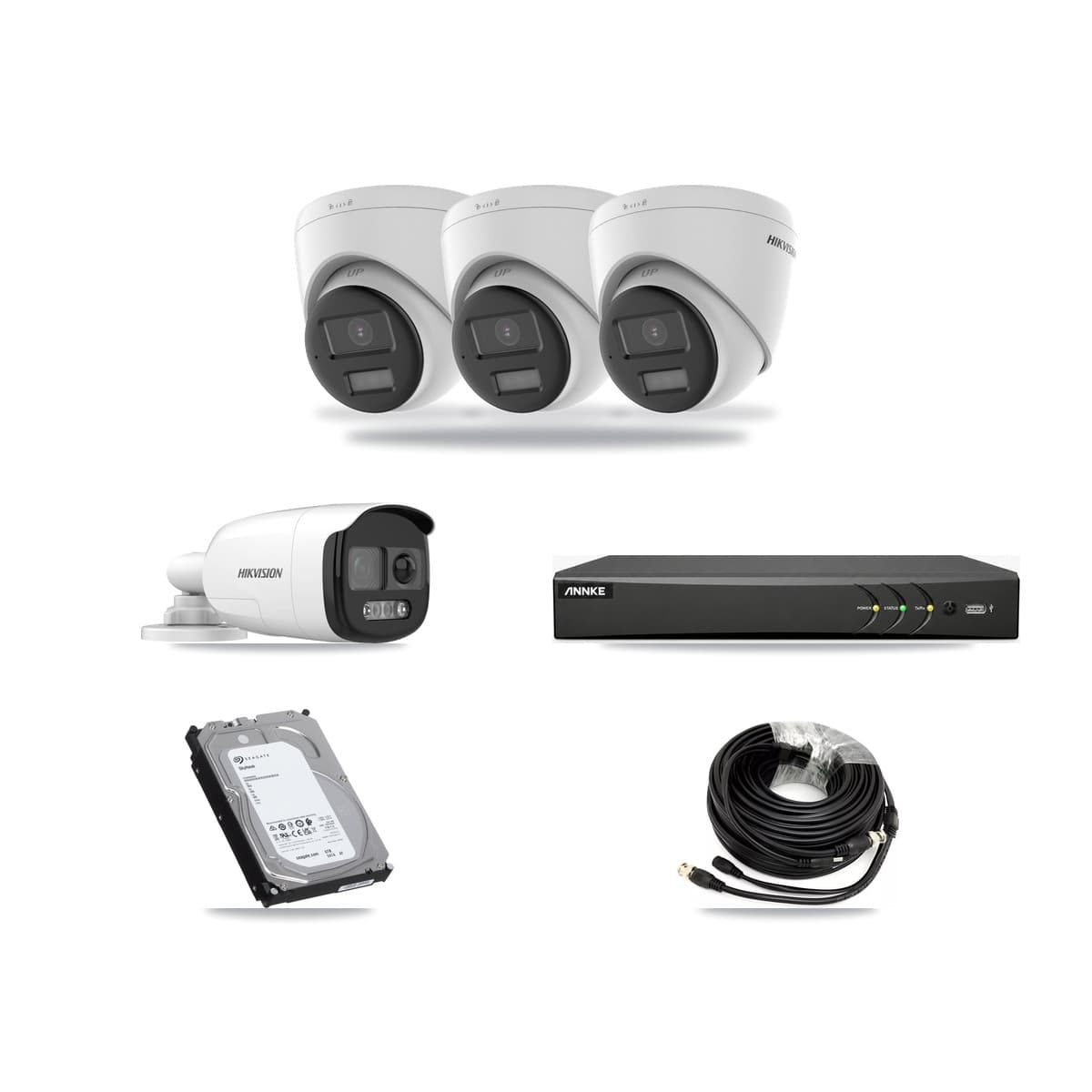 Hikvision & ANNKE 4-Channel 5MP – 4K CCTV Kit — 1 DS-2CE12KF3T 5MP Bullet + 3 DS-2CE78U0T 4K Turret Cameras + 6TB Recording - Image 1