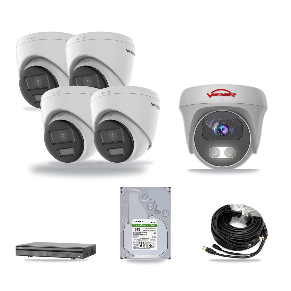 8-Channel 5MP – 4K CCTV Kit — 4 4K Turret + 1 White 5MP Cameras + 10TB Recording (DH-XVR5108H Recorder) - Image 1