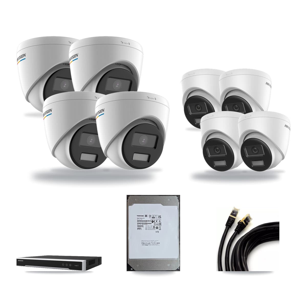 Hikvision 8-channel CCTV kit: 8 cameras (4× 2MP Turret + 4× 4K Turret), 14TB hard drive