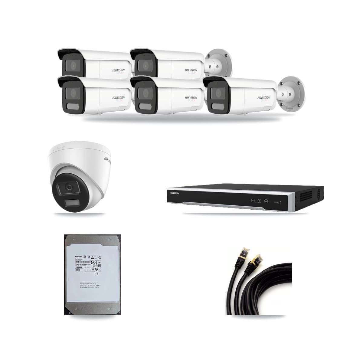 Hikvision 8-Channel 4K CCTV Kit — 1 DS-2CD1383G2-LIU Turret + 5 White DS-2CD2T87G2H-LISU/SL-2.8MM-W Bullet Cameras + 14TB Recording (DS-7608NI-M2/8P Recorder) - Image 1