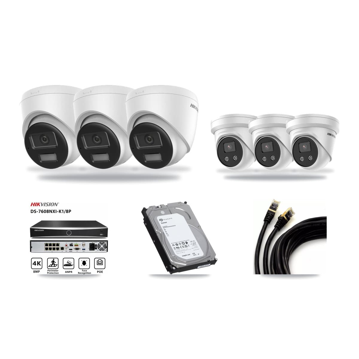 Hikvision 8-Channel 5MP – 4K CCTV Kit — 3 DS-2CD1383G2-LIUF/SL 4K + 3 DS-2CD3356G2-ISU 5MP Turret Cameras + 6TB Recording (DS-7608NXI-K1/8P Recorder) - Image 1