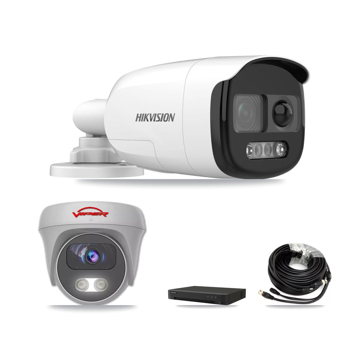 Hikvision & Viper 8-Channel 5MP CCTV Kit — 5 DS-2CE12KF3T-PIRXO Bullet + 1 White VIPER-5MP-3K-AOC-WHITE-2.8MM Cameras + 8TB Recording (IDS-7208HUHI-M1/XT Recorder)