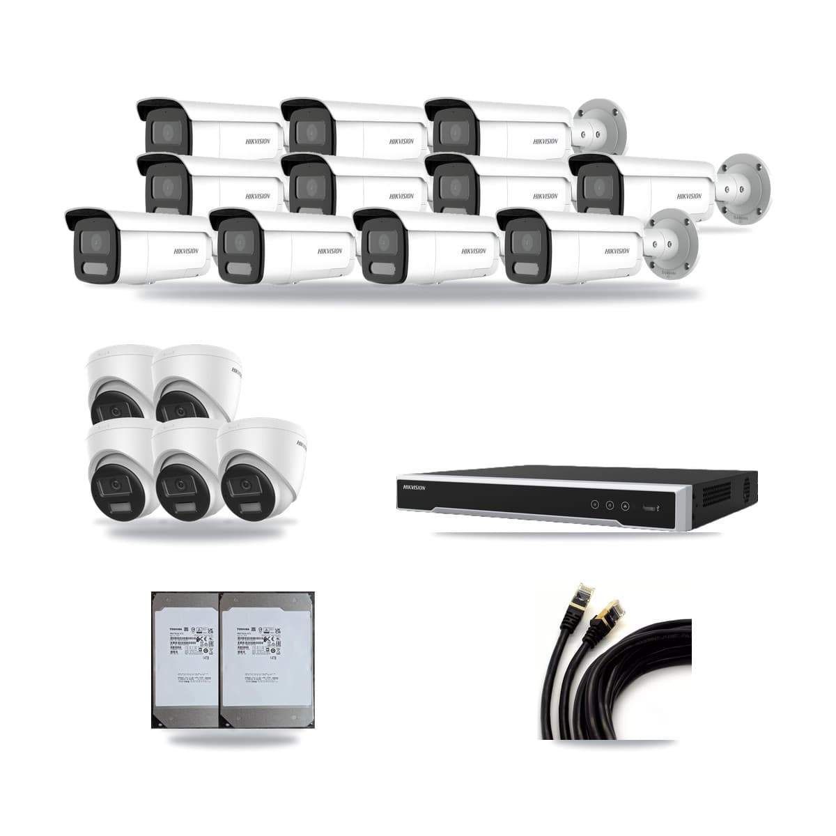 Hikvision 16-Channel 4MP – 4K CCTV Kit — 5 DS-2CD1383G2-LIUF/SL 4K Turret + 11 DS-2CD2T47G2H-LISU/SL 4MP Bullet Cameras + 2× 14TB Recording (DS-7616NI-M2/16P Recorder) - Image 1