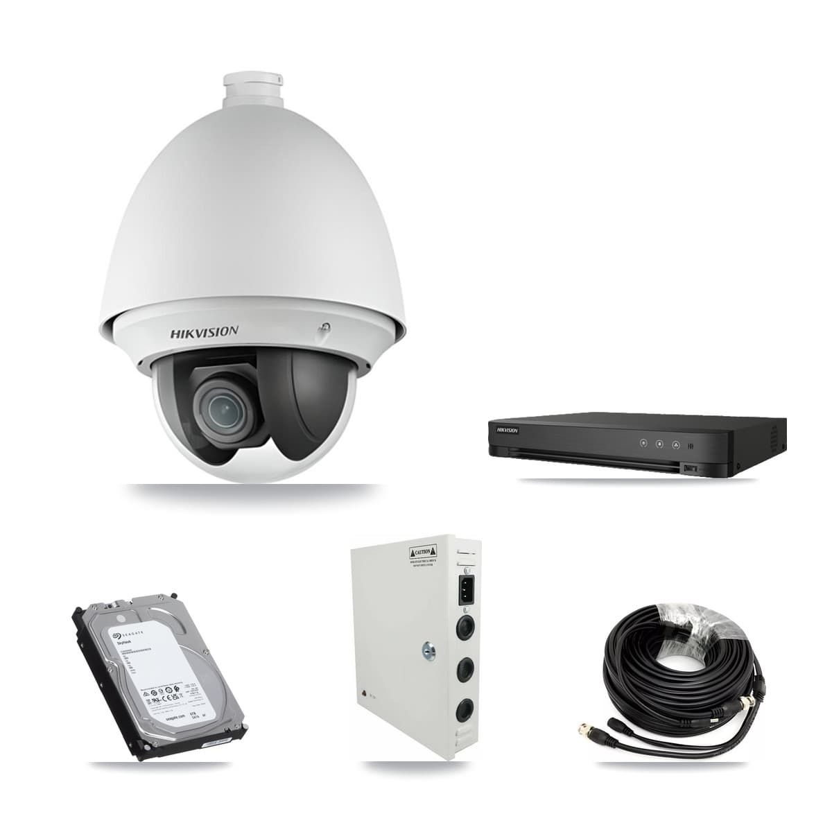 Hikvision 8-Channel 2MP – 4K CCTV Kit — 1 DS-2AE4225T-A 2MP PTZ + 2 Black DS-2CE78U0T-LTS-BLACK 4K Turret Cameras + 6TB Recording (IDS-7208HUHI-M1/E Recorder)