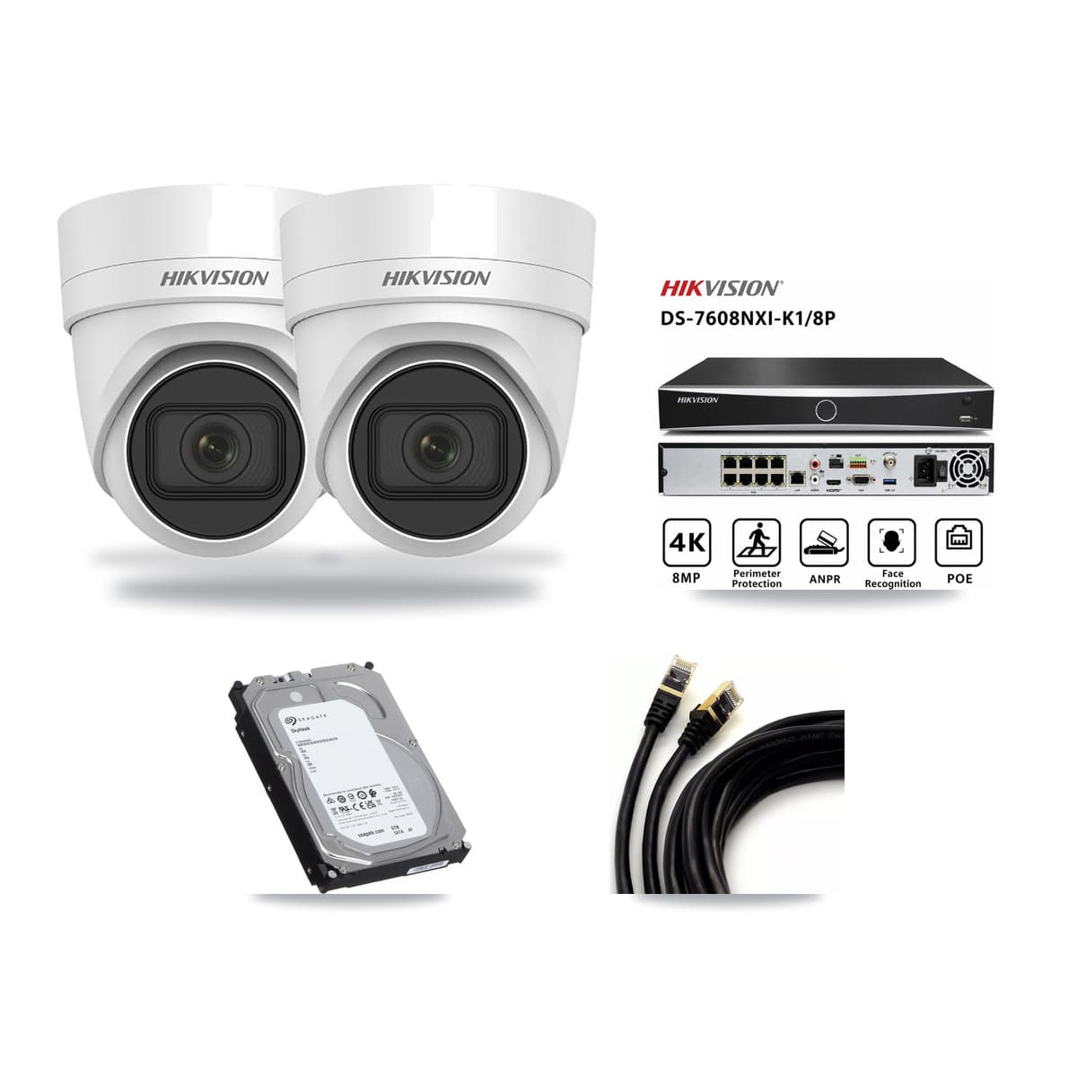 Hikvision 8-Channel 4K CCTV Kit — 2 DS-2CD2H83G0 Turret Cameras + 6TB Recording (DS-7608NXI Recorder) - Image 1