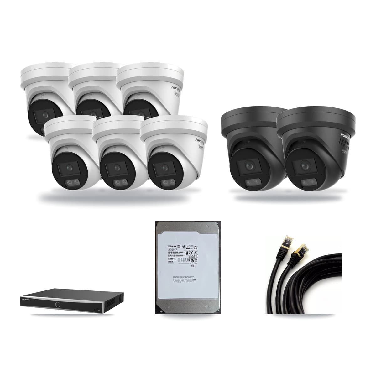Hikvision 16-Channel 4K CCTV Kit — 6 + 2 Black Turret Cameras + 14TB Recording (DS-7616NXI Recorder) - Image 1