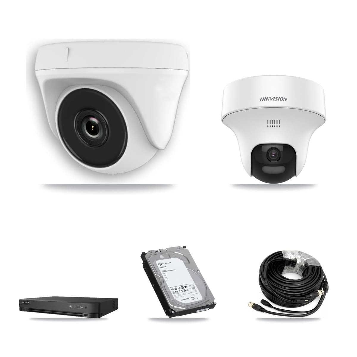 Hikvision 8-Channel 2MP – 5MP CCTV Kit — 1 DS-2CE70K0T 5MP Turret + 5 White HDT-2MP-N20W 2MP Dome Cameras + 6TB Recording (IDS-7208HQHI Recorder)