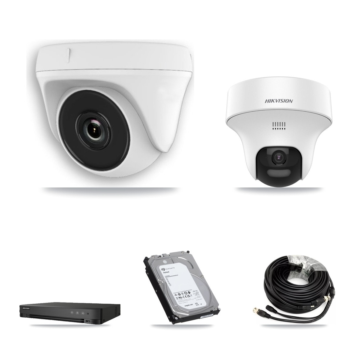 Hikvision 8-Channel 2MP – 5MP CCTV Kit — 1 DS-2CE70K0T 5MP Turret + 5 White HDT-2MP-N20W 2MP Dome Cameras + 6TB Recording (IDS-7208HQHI Recorder) - Image 1