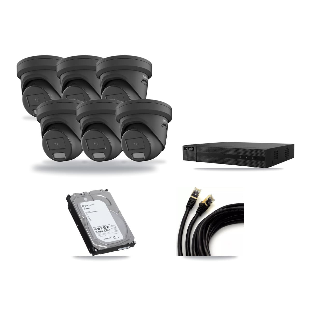 Hikvision & HiLook 8-Channel 4MP CCTV Kit — 6 Black Turret Cameras + 6TB Recording (NVR-108MH-D Recorder) - Image 1