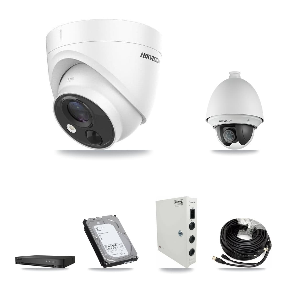 Hikvision 4-Channel 2MP – 5MP CCTV Kit — 1 DS-2AE4225T 2MP PTZ + 3 DS-2CE71H0T 5MP Turret Cameras + 6TB Recording (IDS-7204HUHI Recorder)