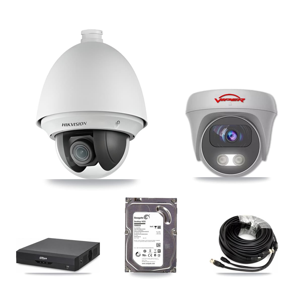 4-Channel 2MP – 5MP CCTV Kit — 1 2MP PTZ + 1 White 5MP Cameras + 2TB Recording (DH-XVR5104HS Recorder)