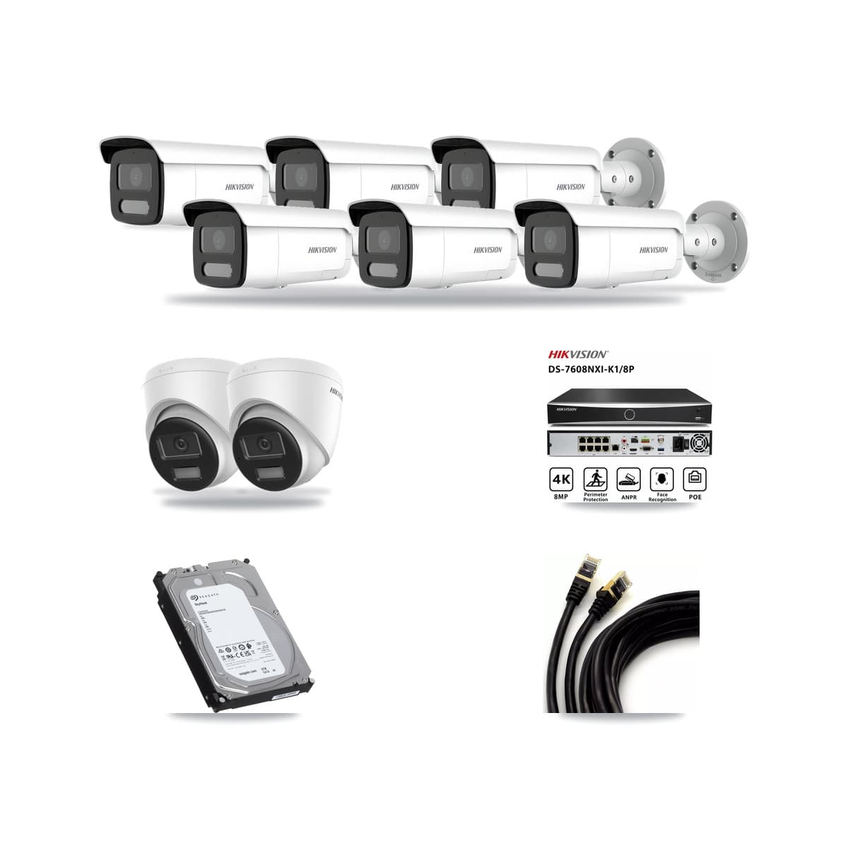 Hikvision 8-Channel 4MP – 4K CCTV Kit — 2 DS-2CD1383G2-LIUF/SL 4K Turret + 6 DS-2CD2T47G2H-LISU/SL 4MP Bullet Cameras + 6TB Recording (DS-7608NXI-K1/8P Recorder) - Image 1