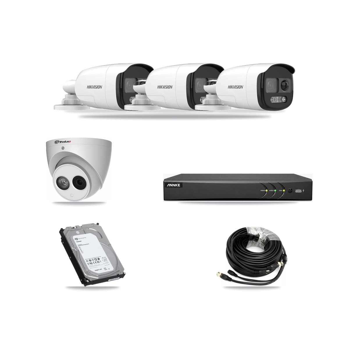 4-Channel 4MP – 5MP CCTV Kit — 3 DS-2CE12KF3T 5MP Bullet + 1 PXC-612C4W-A 4MP Turret Cameras + 6TB Recording (AN-DV4-8MP Recorder) - Image 1