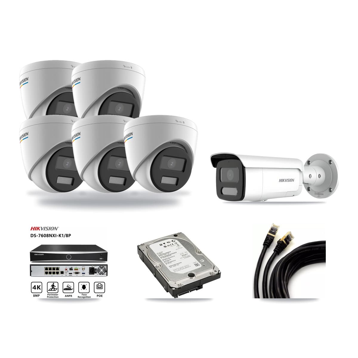 Hikvision 8-Channel 2MP – 4MP CCTV Kit — 5 2MP Turret + 1 4MP Bullet Cameras + 5TB Recording (DS-7608NXI Recorder) - Image 1