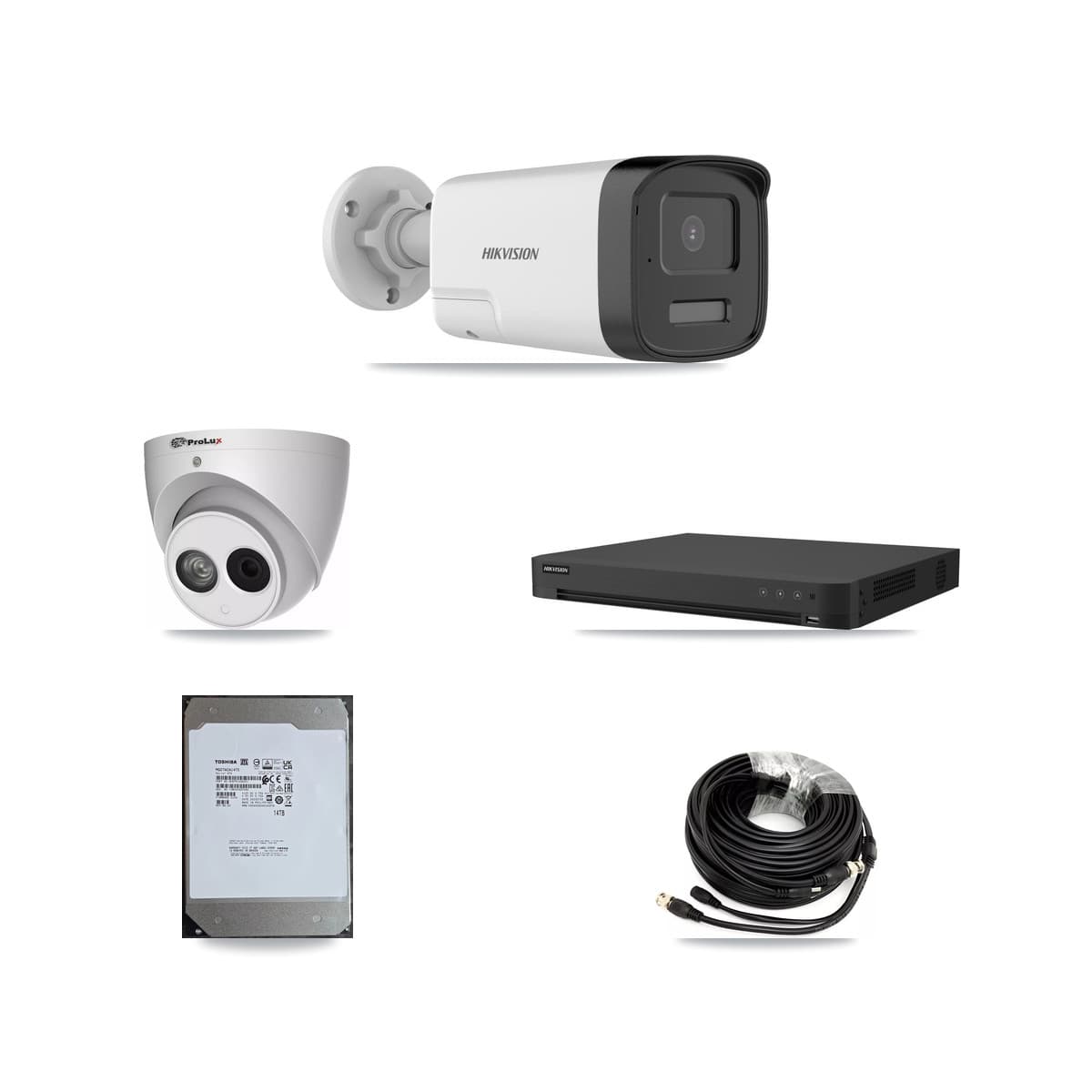 Hikvision & Prolux 16-Channel 4MP – 5MP CCTV Kit — 7 DS-2CE17K0T 5MP Bullet + 1 PXC-612C4W-A 4MP Turret Cameras + 14TB Recording
