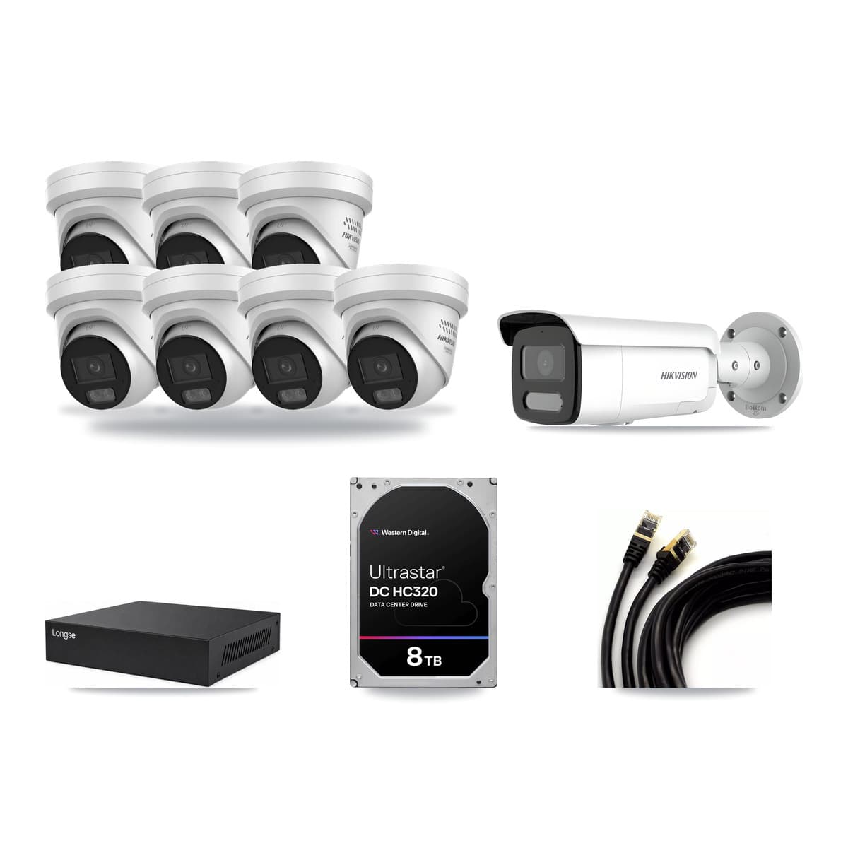 Hikvision & Longse 8-Channel 4MP CCTV Kit — 7 DS-2CD2347G3 Turret + 1 DS-2CD2T47G2H Bullet Cameras + 8TB Recording - Image 1