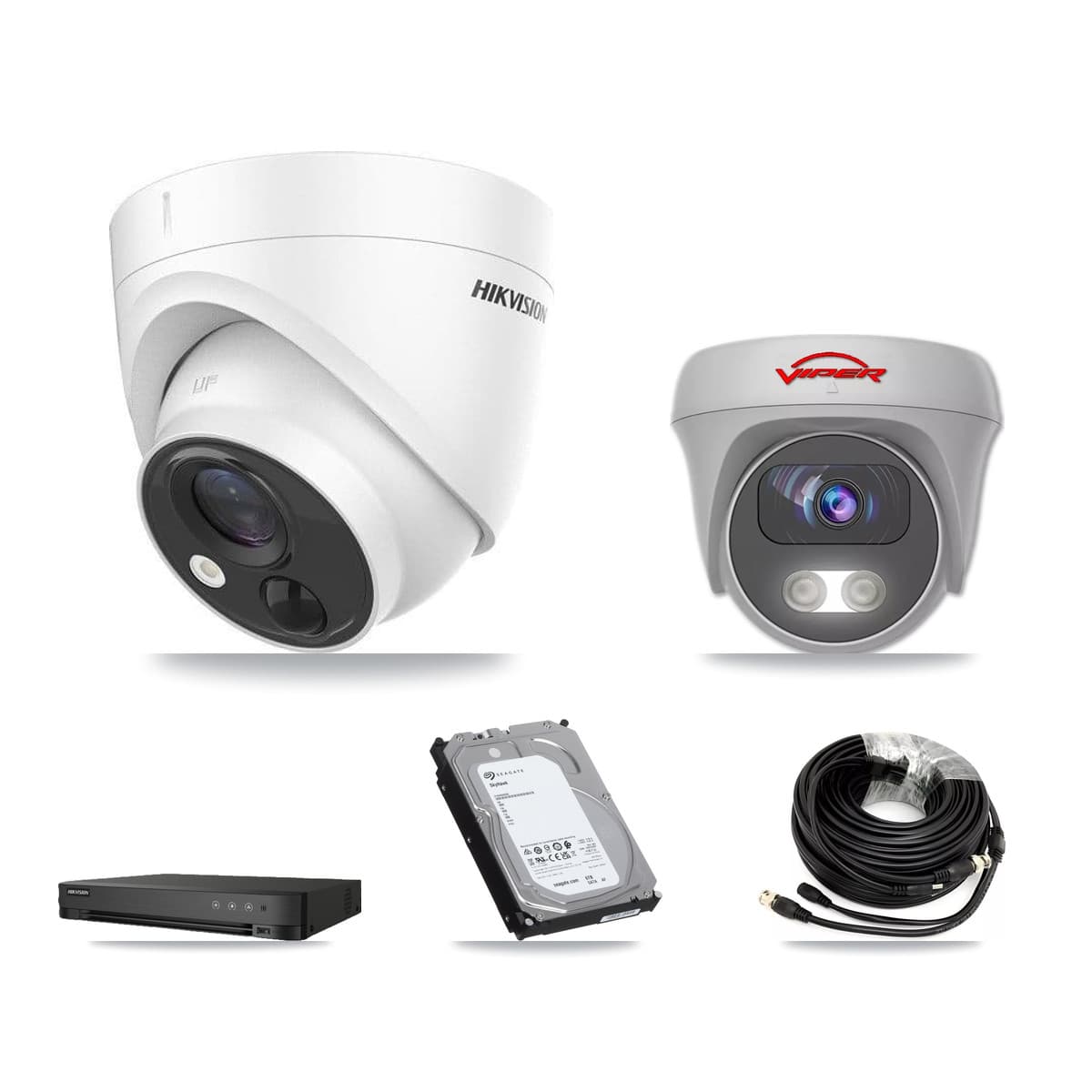 Hikvision & Viper 8-Channel 5MP CCTV Kit — 4 DS-2CE71H0T Turret + 1 White VIPER-5MP-3K Cameras + 6TB Recording (IDS-7208HQHI Recorder) - Image 1