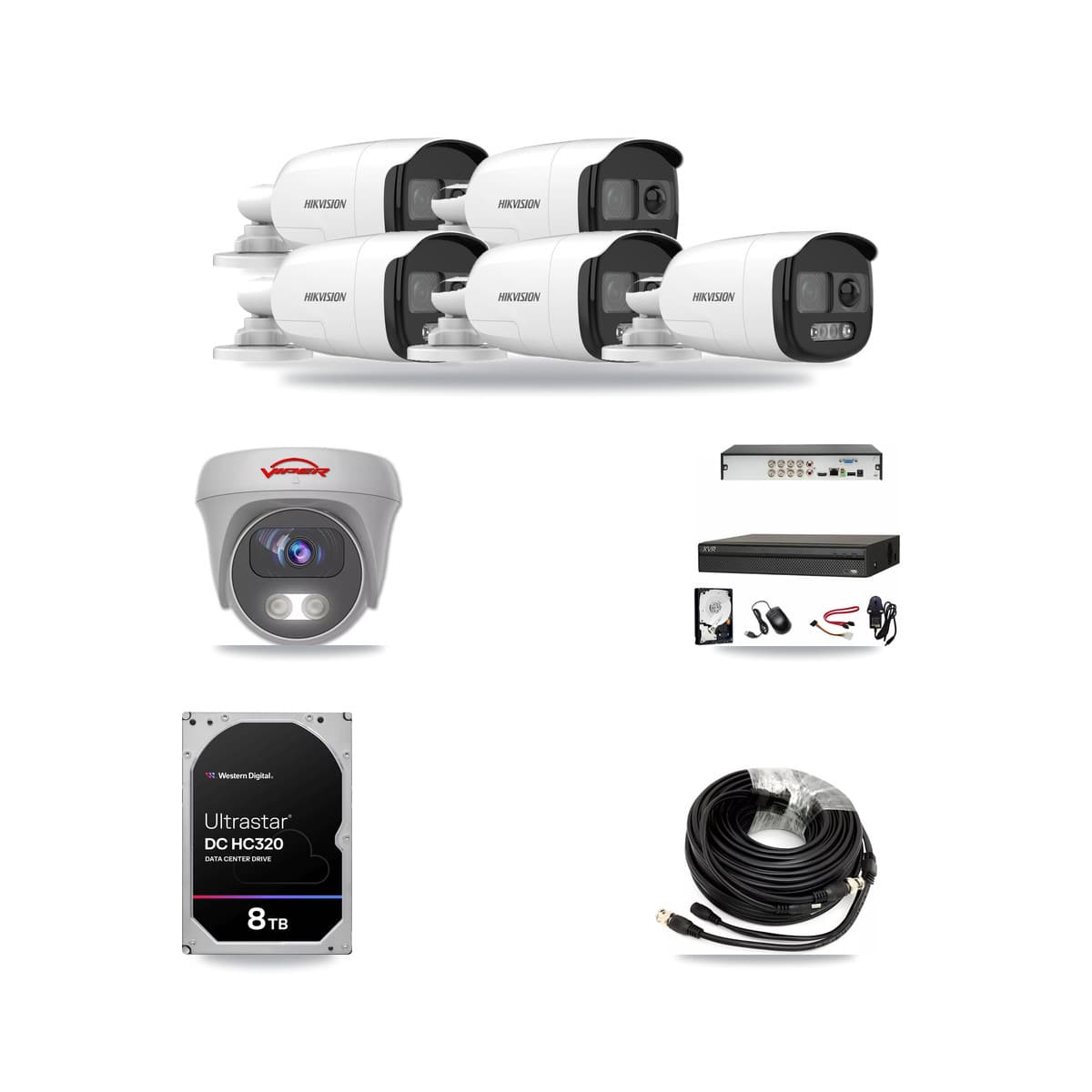 8-Channel 5MP CCTV Kit — 5 DS-2CE12KF3T Bullet + 1 White VIPER-5MP-3K Cameras + 8TB Recording (XVR-3108AD Recorder) - Image 1