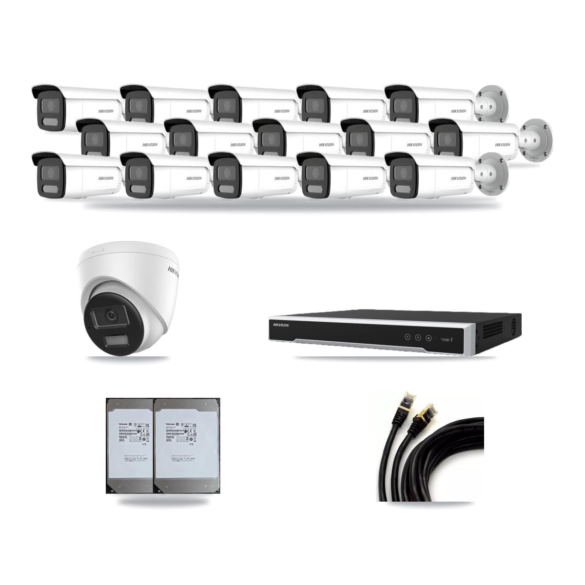 Hikvision 16-Channel 4MP – 4K CCTV Kit — 1 DS-2CD1383G2-LIU 4K Turret + 15 DS-2CD2T47G2H-LISU/SL 4MP Bullet Cameras + 2× 14TB Recording (DS-7616NI-M2/16P Recorder) - Image 1