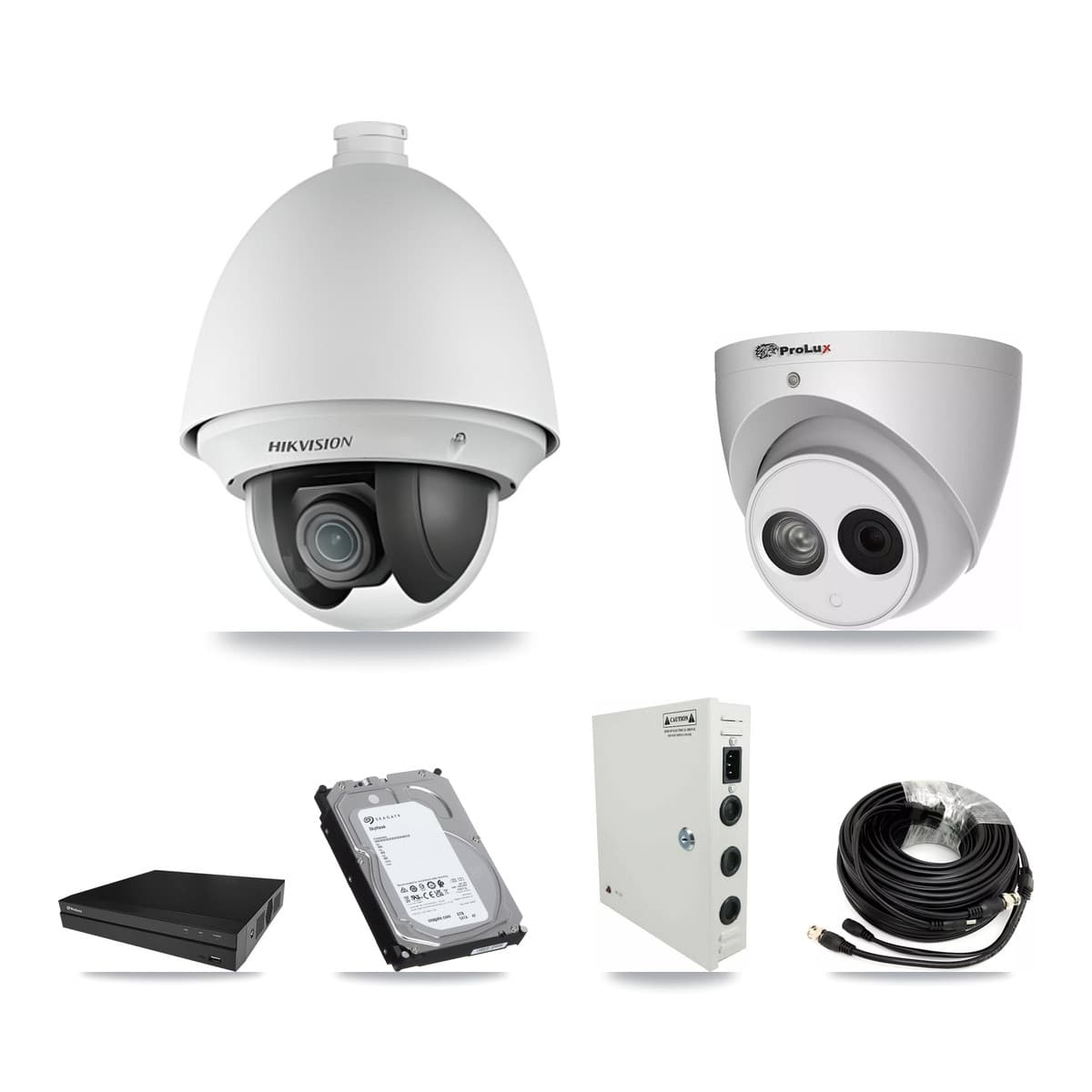Hikvision & Prolux 8-Channel 2MP – 4MP CCTV Kit — 7 DS-2AE4225T 2MP PTZ + 1 PXC-612C4W-A 4MP Turret Cameras + 6TB Recording (PXD-5208AN Recorder)