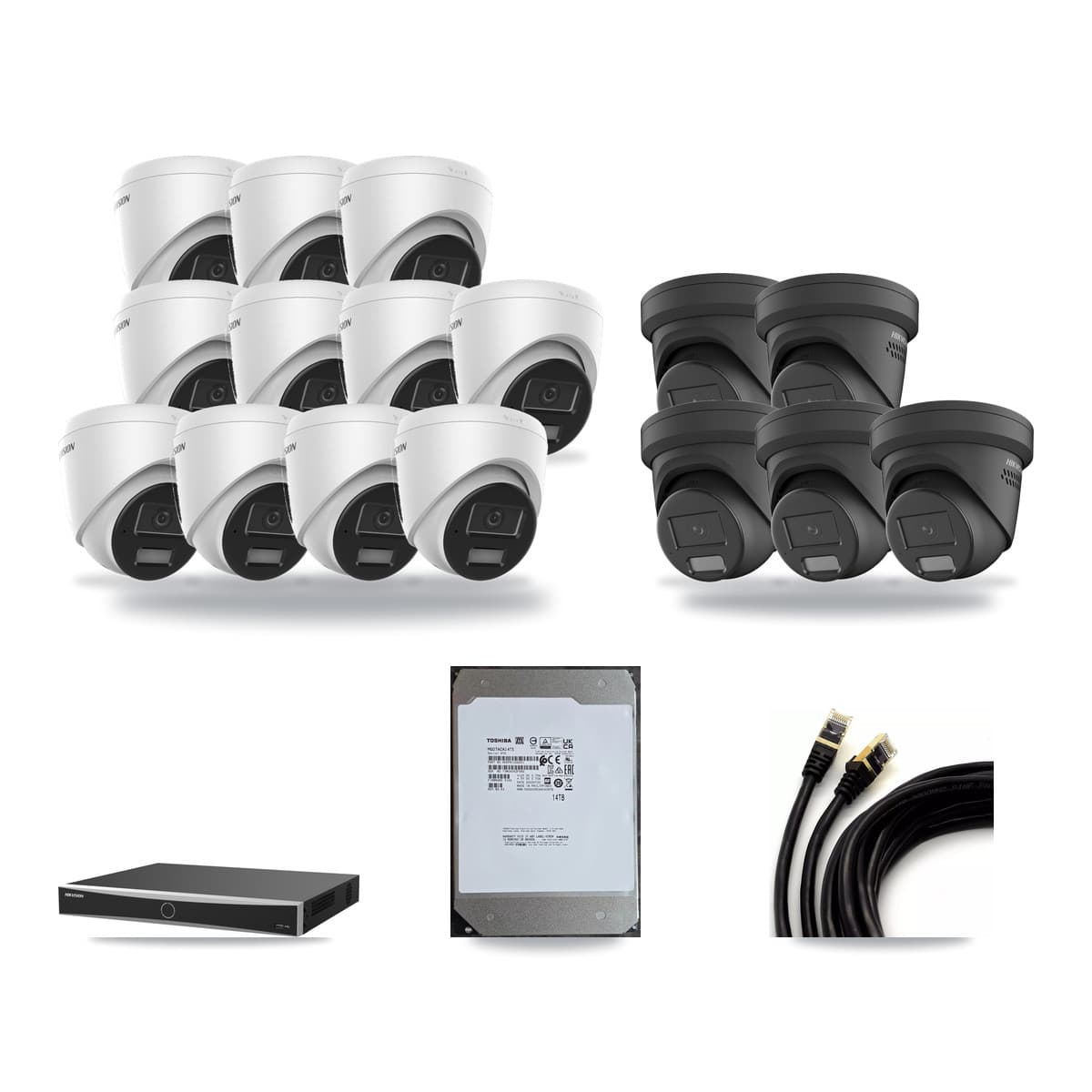 Hikvision 16-Channel 4MP CCTV Kit — 11 DS-2CD1343G2 + 5 Black DS-2CD2347G2 Turret Cameras + 14TB Recording (DS-7616NXI Recorder) - Image 1