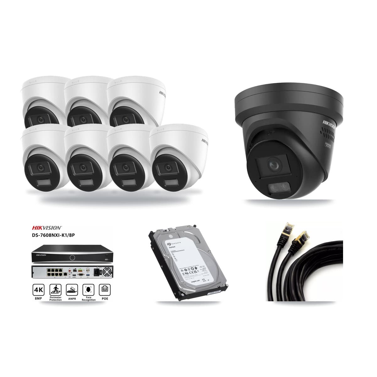 Hikvision 8-channel CCTV kit: 8 cameras (7× 4K Turret + 1× 4K Black Turret), 6TB hard drive