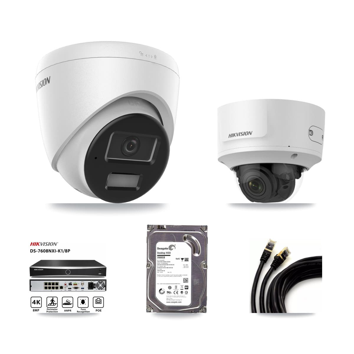 Hikvision 8-Channel 2MP – 4MP CCTV Kit — 1 4MP Turret + 1 2MP Dome Cameras + 2TB Recording (DS-7608NXI Recorder)