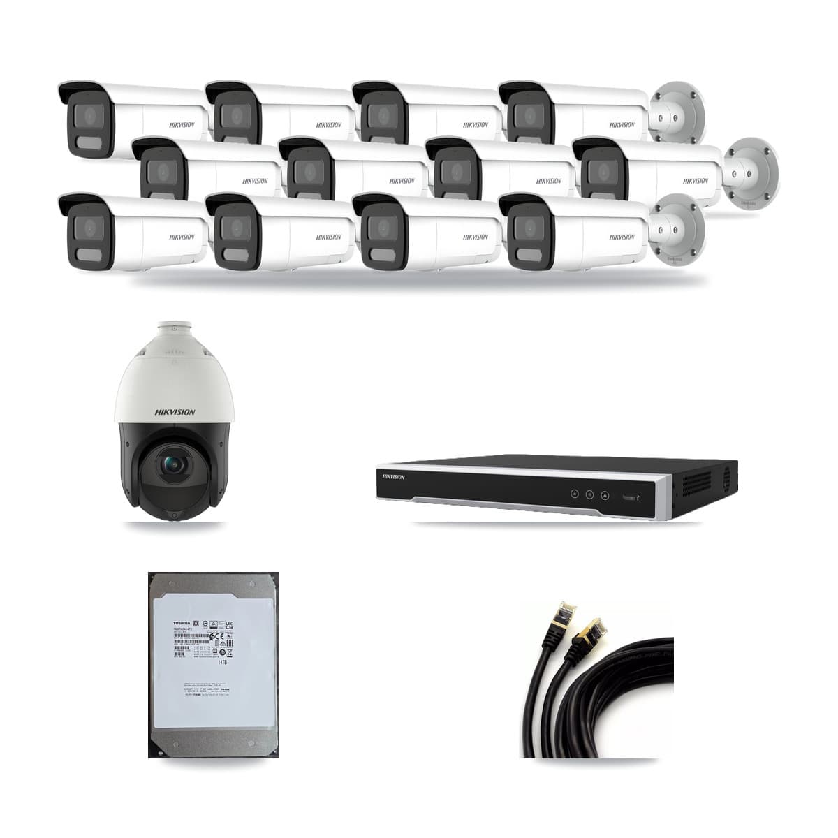 Hikvision 16-Channel 4MP CCTV Kit — 12 Bullet + 1 PTZ Cameras + 14TB Recording (DS-7616NI-M2 Recorder) - Image 1