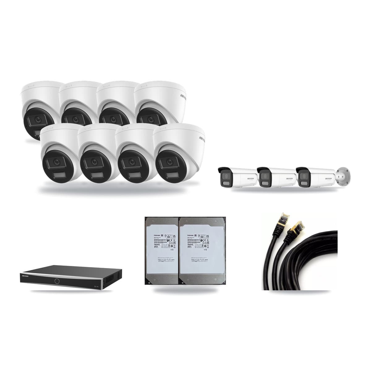 Hikvision 16-Channel 4K CCTV Kit — 8 DS-2CD1383G2-LIU Turret + 3 White DS-2CD2T87G2H-LISU/SL-2.8MM-W Bullet Cameras + 2× 14TB Recording (DS-7616NXI-K2/16P(E) Recorder) - Image 1