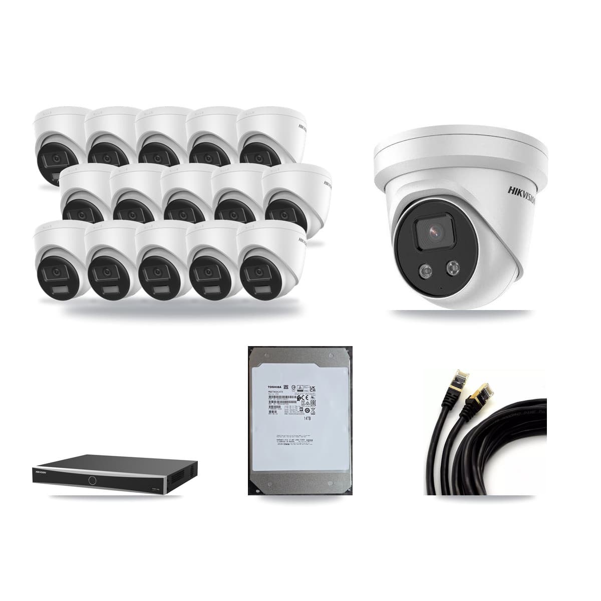 Hikvision 16-Channel 5MP – 4K CCTV Kit — 15 DS-2CD1383G2-LIUF/SL 4K + 1 DS-2CD3356G2-ISU 5MP Turret Cameras + 14TB Recording (DS-7616NXI-K2/16P(E) Recorder) - Image 1
