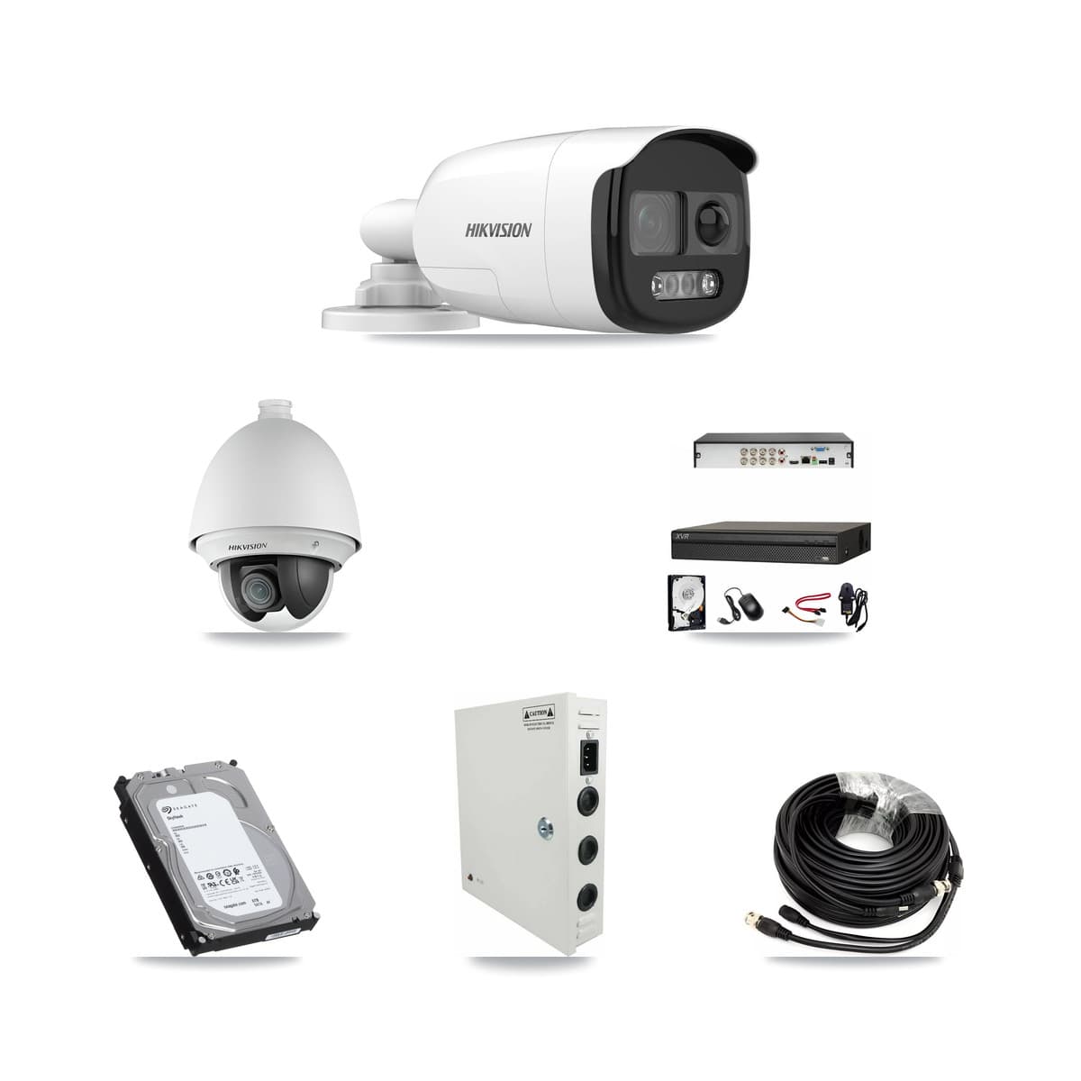 Hikvision & Dahua 8-Channel 2MP – 5MP CCTV Kit — 1 DS-2AE4225T 2MP PTZ + 3 DS-2CE12KF3T 5MP Bullet Cameras + 6TB Recording