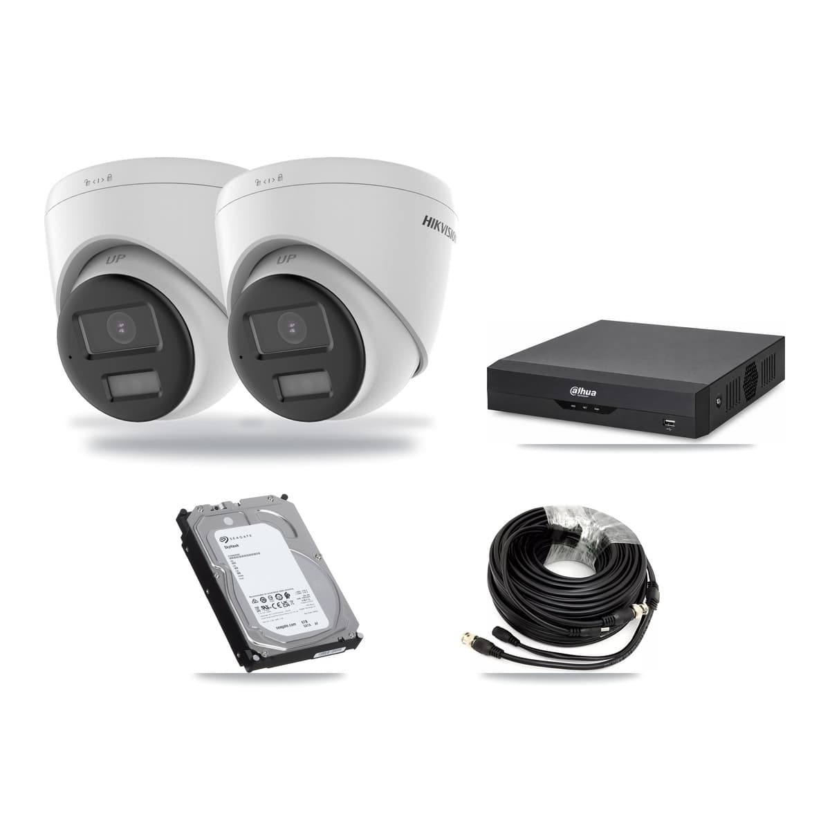 Hikvision & Dahua 4-Channel 5MP CCTV Kit — 2 DS-2CE78K0T-LPTS Turret Cameras + 6TB Recording (DH-XVR5104HS-4KL-I2 Recorder) - Image 1