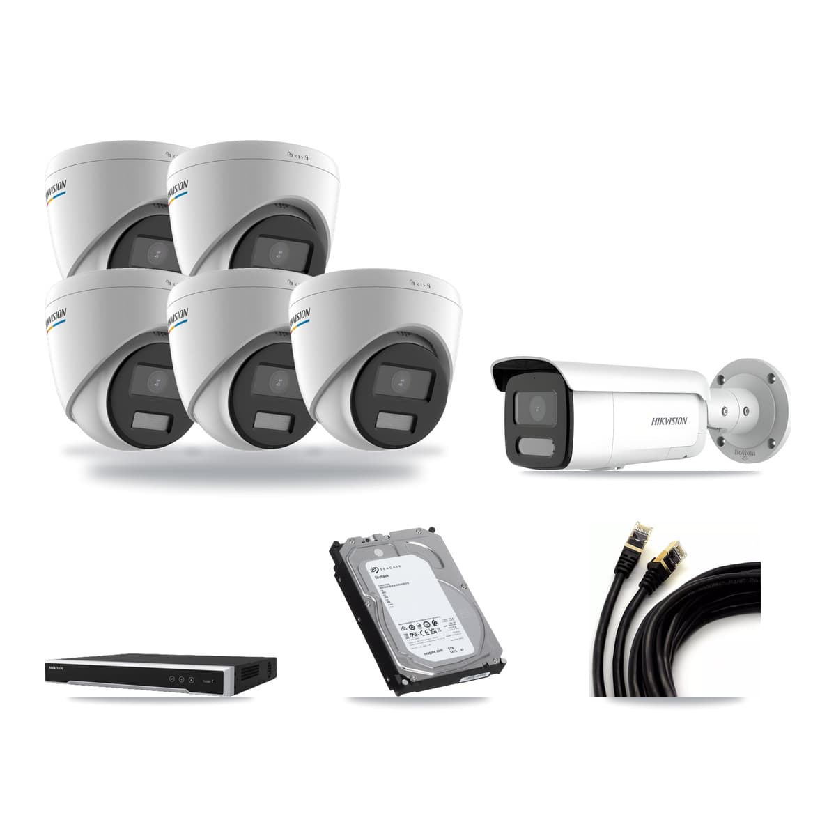 Hikvision 8-Channel 2MP – 4MP CCTV Kit — 5 2MP Turret + 1 4MP Bullet Cameras + 6TB Recording (DS-7608NI-M2 Recorder) - Image 1