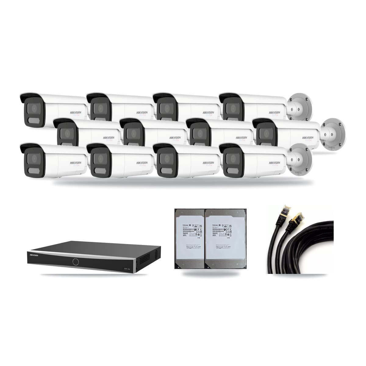 Hikvision 16-Channel 4MP – 4K CCTV Kit — 4 4MP + 8 White 4K Bullet Cameras + 2× 14TB Recording (DS-7616NXI Recorder) - Image 1