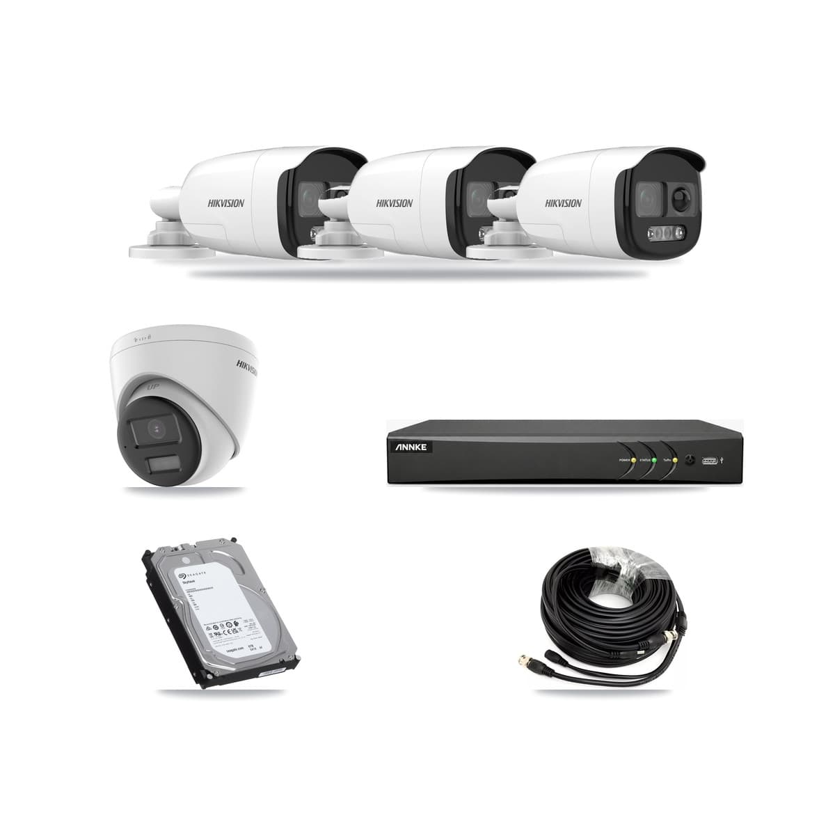 Hikvision & ANNKE 4-Channel 5MP – 4K CCTV Kit — 3 DS-2CE12KF3T 5MP Bullet + 1 DS-2CE78U0T 4K Turret Cameras + 6TB Recording - Image 1
